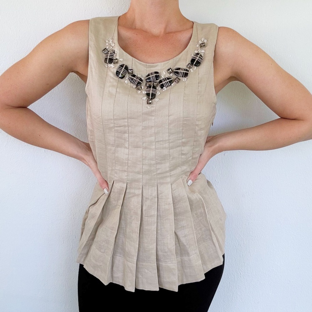 Robert Rodriguez tan ramie embroidered tribal beaded neckline blouse size 4